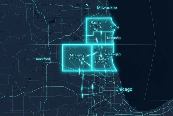 Service area map showing Lake County IL, McHenry County IL, and Racine County WI