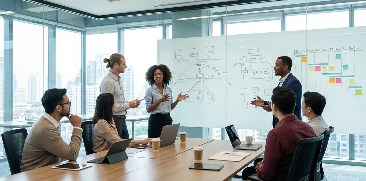 Team whiteboard planning session for client IT strategy